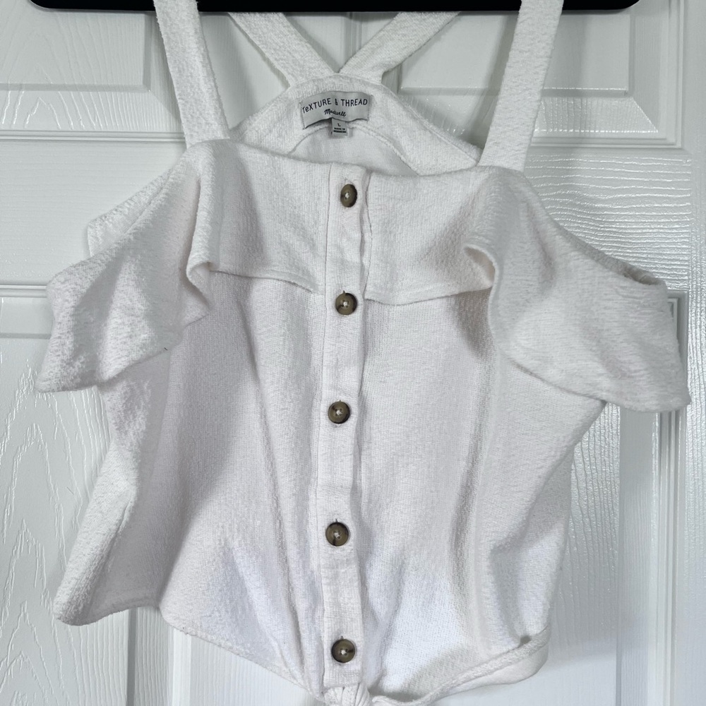 Madewell White Button-Front Ruffle Cold-Shoulder Top
